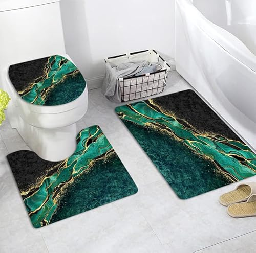 Bad Teppiche Set 3-Teiliges Dunkelgrüner Marmor WC Vorleger Mit Ausschnitt Badematte Saugfähig WC Deckelbezug Badvorleger rutschfest Waschbar Toilettensitzbezug Badgarnitur (50x80cm)