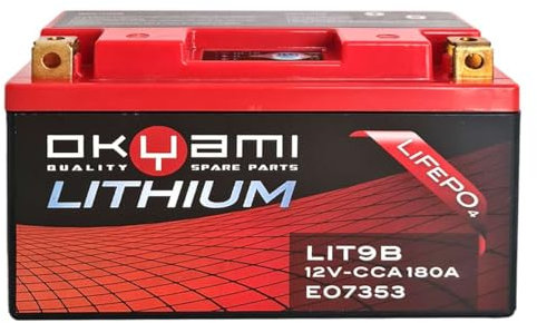 OKYAMI LIT9B Batería de litio precargada para moto, E07353-180 CCA, 12 V, equivalente a YT9B-BS | YT7B-BS | YTX7A-BS | YT9B-FA