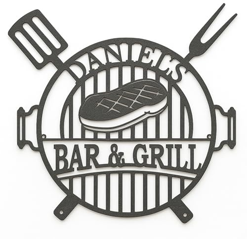 FranJohnsonHouse Personalisiertes BBQ-Grillschild aus Metall mit Namen | Individuelle Bar & Grill Wandkunst, Deko für Garten & Außenbereich, Papa's BBQ, Einweihungsgeschenk, Design Option 1