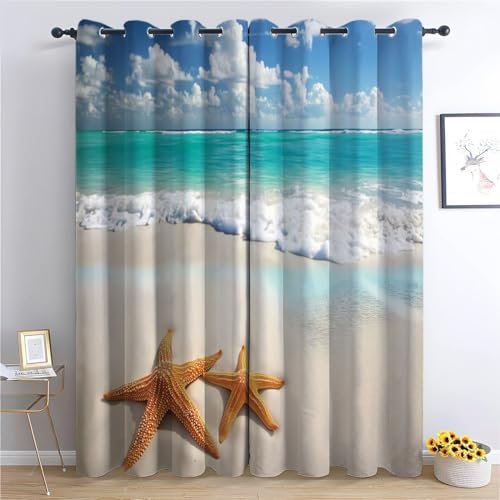 Genérico Cortinas Opacas Estrella De Mar De Playa 140x175 cm Termicas Aislantes Frio y Calor Cortinas Salon Dormitorio 2 Piezas Cortinas 100% Blackout con Ojales Cortinas Dobles Opacas