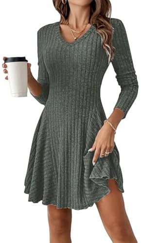 GUCURIN Tricotée Robe Femme Hiver Col en V Robe Pull A Ligne Chic Élégant Manche Casual Longue Bureau Décontracté pour Fête, Vert Foncé, XXL