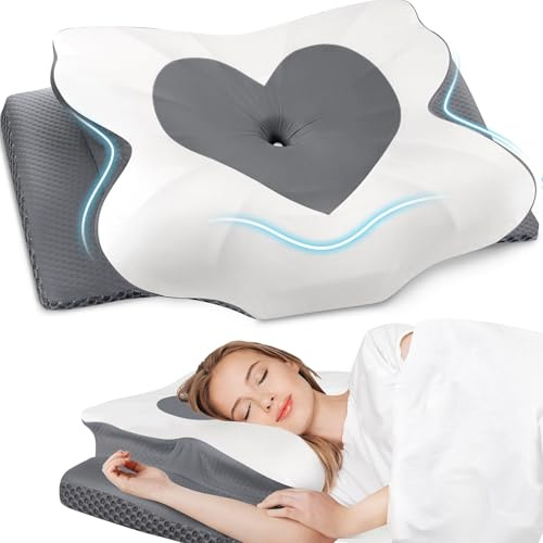 CushZone Cervical Neck Pillow, Memory Foam Neck Support Pillows for Sleeping, Shoulder Pillow for Side Sleepers, Back Stomach Sleepers, CertiPUR-US Certified, Queen Size, Grey