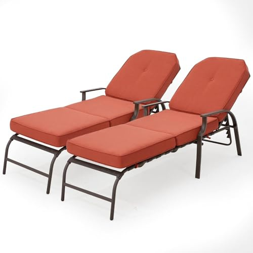 UNIONLINE Gartenliege Sonnenliege für den Außenbereich,207 x 58 x 43 cm, trägt bis zu 160 kg, Rattanliege Loungesessel Liegestuhlmöbel mit Kissen und Armlehne für Pool, Deck, Hinterhof (Rot, 2PCS)