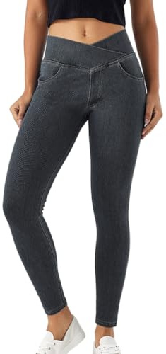 Onsoyours Jeans Donna Vita Alta Cross Jeggings Elasticizzati Yoga Leggins Skinny Jeggings Pantaloni in Denim B Grigio Scuro XL