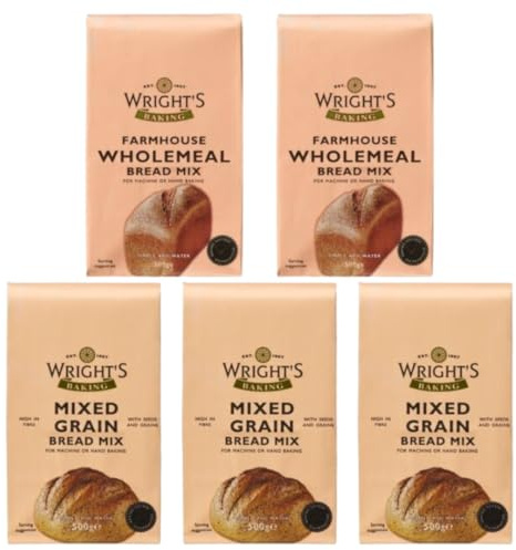 Wrights Mixed Grain 3X500g & Farmhouse Wholemeal 2X500g Bread Mix Selection Packs – Bread Machine & Hand Baking (NP)