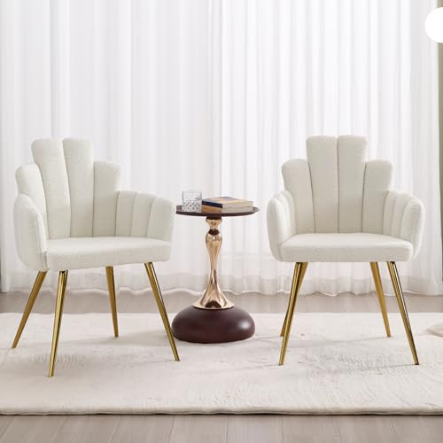 chairus Esszimmerstühle 2er Set Kunstfell gepolsterter Armlehnensessel Weiß | Sessel Wohnzimmer mit Metallbeinen, Modern Küchenstühle Polsterstuhl Armlehnensessel für Schlafzimmer Küche