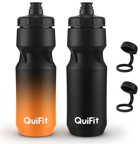 QuiFit Cycling Water Bottle 24oz, 2 Pack Sports Water Bottle BPA Free, Leakproof, Lightweight, With Dust Cap, Fits for Most Bike Drink Holder, for Biking, Running, Travel(Black+Black Orange, 24oz)