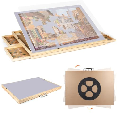 Ruication Jigsaw Puzzle Board Portable Folding Tilting Jigsaw Board With Cover 360 Degree Rotating Non-Slip Surface Felt Mat for 1000 pieces 4 Sliding Drawers Storage Jigsaw Table For Adults Gift
