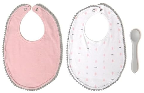 Kiokids | Set Rosa de 2 Baberos y Cuchara de Silicona | Baberos Impermeables con Bolsillo Recoge-Migas y Cierre Ajustable | Cuchara Suave y Flexible | Reutilizable, Sin BPA y Unisex