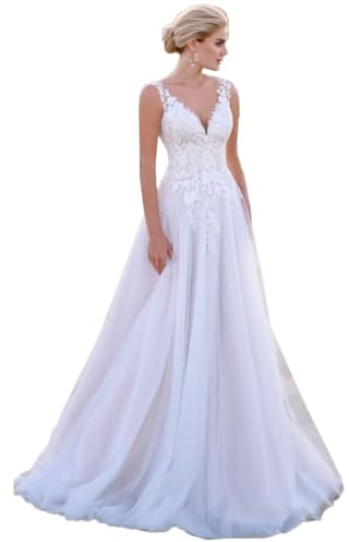 JAEDEN Damen Spitze Brautkleider Lang Hochzeitskleider Boho Standesamtkleider Brautmode Elfenbein 40