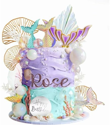 Mermaid Cake Topper Decorations, Under the Sea Cupcake Deco Set with Tails, Pearl Mermaid Cupcake Cake Decorations, Wedding Party Birthday Decorating, Happy Birthday Topper