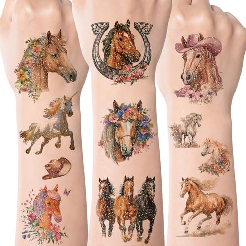 Pferde Glitzer Tattoos 10 Blatt, Kindertattoos Glitzertattoos Spielzeug, Pferde Geschenke für Mädchen ab 4 5 6 7 8 9 10 11 Jahre, Pferd Kostüm Kinder Tattoo, Pferdekostüm Zubehör, Geburtstagsdeko