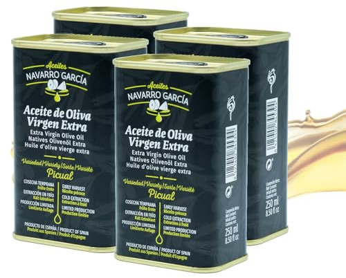 Aceite de Oliva Virgen Extra Cosecha Temprana 500ml | Almazara Familiar | AOVE Picual Prensado en Frío. Pack de 4 latas de 250ml