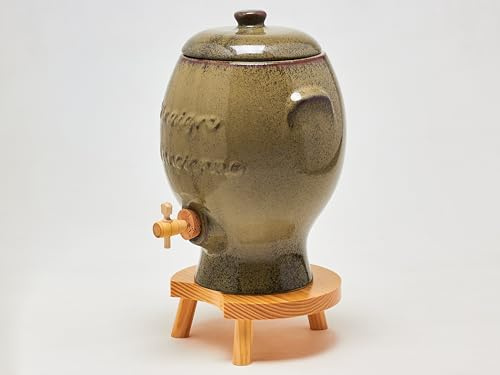 Ardosia Vinaigrier en grès artisanal 4 L avec robinet bois-liège et support en bois – Vinaigrier à l’ancienne émaillé – Fabrication artisanale pour vinaigre maison