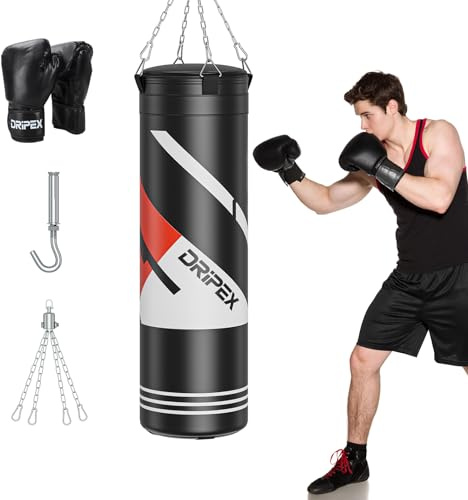 Dripex Sacco da Boxe per Adulti Appeso, con Guanti da 12 oz, Non Riempito, con Catena Pivotante a 360° in Acciaio, per MMA, Kickboxing, Muay Thai, Karate