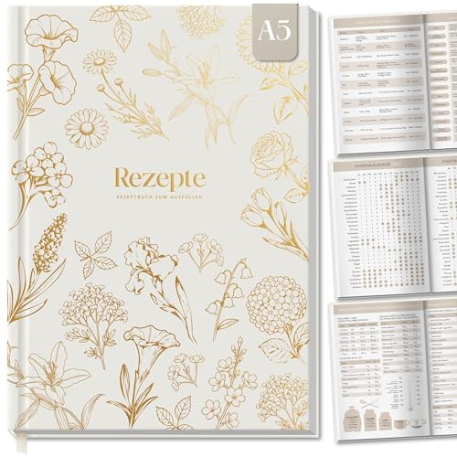 BIROYAL Rezeptbuch zum Selberschreiben A5 mit Zutatenersatztabelle, Beige | Hardcover Kochbuch mit Umrechnungstabelle & Saisonkalender, 120g Dickes Papier, Platz für 100 Rezepte, Doppelseite pro Rezept