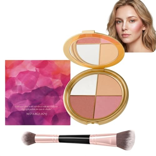 4-in-1 Make-Up Palettes - Blush Highlighter & Shimmer Eyeshadow Cheek Pallets - Multi-Purpose Face Makeup Palette with Double-Ended Brush - Portable Compact