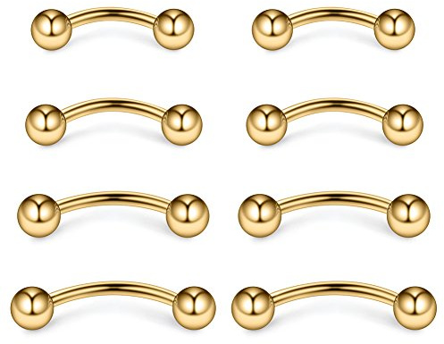 Ruifan 4prs(8pcs) Eyebrow Piercing Jewelry Curved Barbell with Ball Kit Eyebrow Tragus Lip Ring 16g 16 gauge 6mm/8mm/10mm/12mm(Gold)