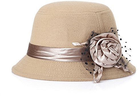 Cheerlife Vintage Wolle Wintermütze mit Satin Rose Deko Winter Bucket Hut Damenhut Frauen Mütze (Khaki)