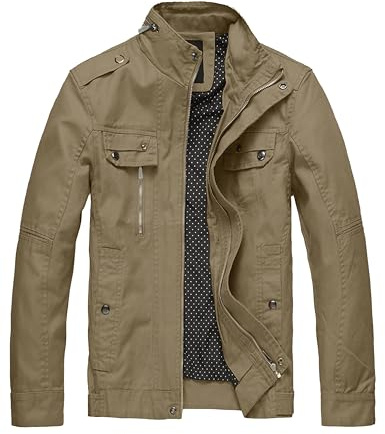 Wantdo Utomhusjacka för män, lätta bomullsjackor, fritid, army, lastjacka, cargo dragkedja, kappor, ståkrage, övergångsjacka, Kahki-x, S