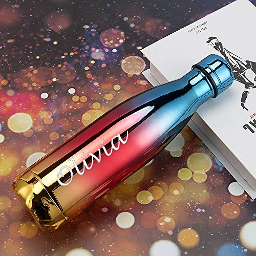 Personalised Water Bottle for Women Men Kids, Custom Engraved Insulated Stainless Steel Flask, Water Bottles Double Walled 500ml, Keeps 12H Hot & Cold, Leakproof Bottle, Vaccum Flask (Blue-RED)