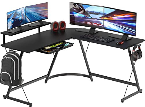 SHW 51 x 51 Inches Vista L-Shaped Desk with Monitor Stand and Drawer, Black