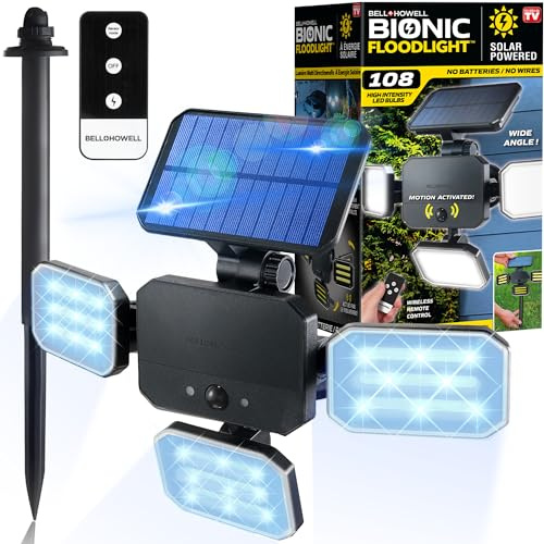 Bionic Floodlight Deluxe Solar Light Outdoor Waterproof Patio Light Motion Sensor Outdoor Lights w/ Remote Control Adjustable 3 Heads Wall Lights - Wireless, 50% Brighter-108 COB LED As Seen On TV