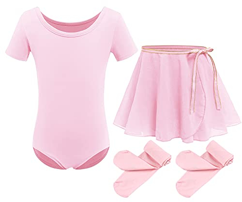 Kinder Mädchen Ballettkleidung Baumwolle Kurzarm Balletttrikot Turnanzug Tanzbody + Chiffon Wickelrock Tütü Rock Tanzkleid + Strumpfhose 3tlg Ballettanzug Rosa 4-5 Jahre