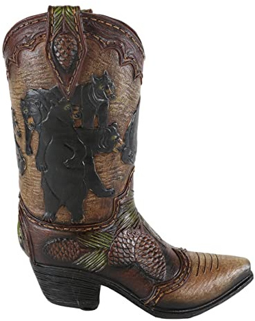 Ebros Gift Rustic Western Black Bear Family with Pine Cones Forest Cowboy Cowgirl Boot Decorative Figurine Or Floral Vase Planter Tooled Leather Finish Table Shelf Countertop Accent