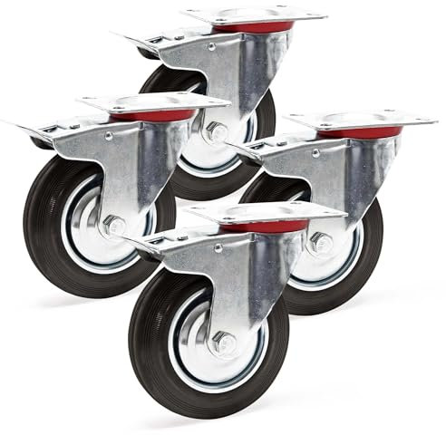 Wiltec Jeu 4x Roulette pivotante Blocage double – Ø 160 mm – Capacité 130 kg – en Caoutchouc – Roue avec Frein et Plaque de montage – Transport Appareil Accessoire Meuble – Usage silencieux sans trace