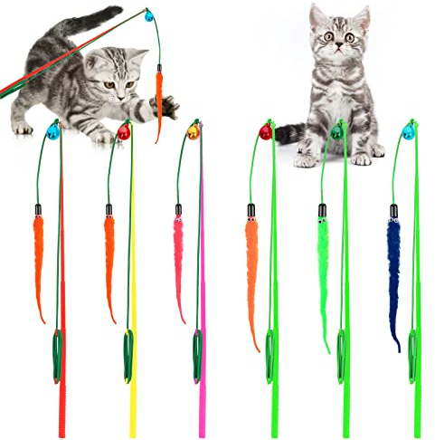 Cobee Cat Feather Wands - 6 Pcs Interactive Teaser Toy for Indoor Outdoor Exercise - Worm Refills and Bells Included - Kitten Wire Chaser