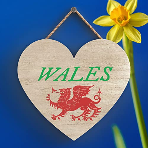 Global Designs Wales Welsh Dragon Location Wooden Heart Hanging Plaque