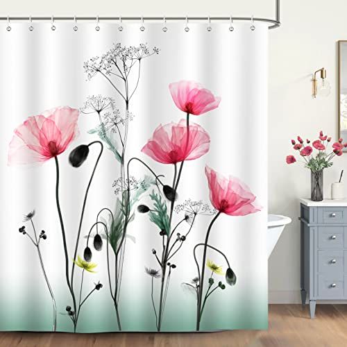Bonhause Duschvorhang Blumen Rote Mohnblumen Duschvorhänge 180 x 200 cm Anti-Schimmel Wasserdicht Polyester Stoff Waschbar Bad Vorhang für Badzimmer mit 12 Haken