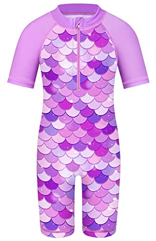 TFJH E Bathing Suits for Girls Swimsuit UV 50+ Short Sleeve Rash Guard Swimwear One Piece Sunsuits Zipper Purple Scale 8A