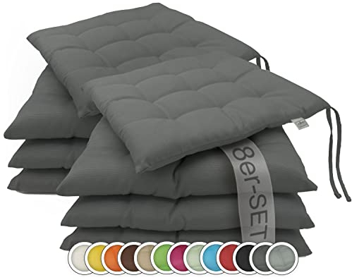 ZOLLNER 8er Set Sitzkissen in 40x40cm - gemütliche Stuhlkissen mit Bindebänder - waschbar bis 30°C - in Graphit - Oeko Tex® Zertifiziert
