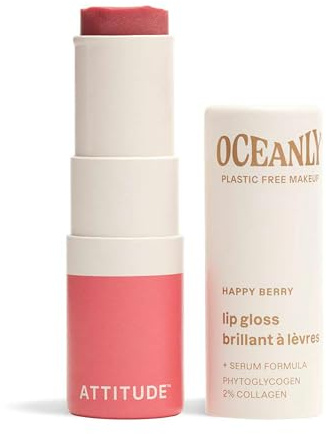 ATTITUDE Oceanly Sheer Lip Gloss Stick, EWG Verified, Titanium Dioxide-Free, Vegan Makeup & Beauty, Plastic-Free, Happy Berry, 3.4 grams