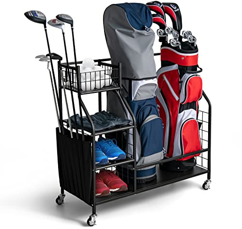 COSTWAY Estante de Almacenamiento para Bolsa de Golf en Garaje, Organizador Doble de Bolsa de Golf con Ruedas universales bloqueables, Organizador de Almacenamiento Adicional para Palos