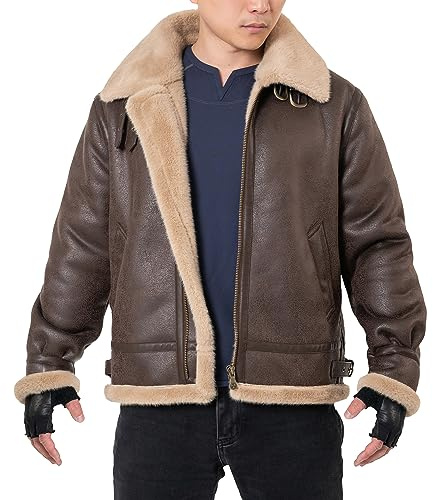 Mifidy Men Fur Leather Shearling Cosplay Outdoor Leon Flight Jacket Brown L