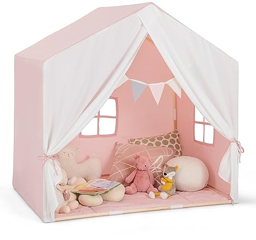 GOPLUS Kinderzelt mit Holzrahmen, Multifunktionaler Kinderspielhaus mit Fahnenbanner, großem Vorhang & 2 Fenster, Spielzelt für Jungen und Mädchen ab 3 Jahren, für Innen- & Außenbereich (Rosa)
