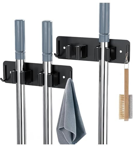 Soporte para Escobas de Pared, Soporte para Escobas de Pared de Acero Inoxidable con Ganchos, 2 Piezas, Autoadhesivos o Tornillos Perforados Incluidos, para Cocina, Baño, Garaje y Jardín - Negro