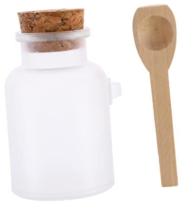 Mipcase Bouteille Vide Ronde en Abs 100g avec Bouchon en Liège et Cuillère en Bois, Portable et Anti-poussière, pour Sel de Bain et DIY Cosmétique