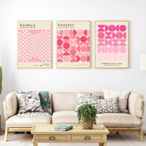 Retro Pink Bauhaus Ausstellung Geomtric Wand Bilder Leinwand Gemälde Abstrakte nordische Poster Kunstdrucke Wandbild Wohnzimmer Home Deko 40x60cmx3 Ungerahmt