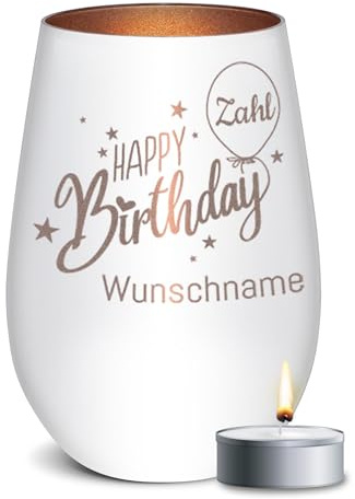PR Print Royal Windlicht mit Gravur - Happy Birthday - mit Name & Zahl gravieren - Frauen Geburtstagsgeschenk, Personalisierte Geschenke für Familie & Freunde | inkl. Teelicht, 450 ml, Weiß/Bronze