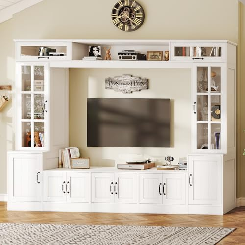 AMERLIFE 98 W Wall Unit TV Stand with Storage for TVs up to 80, Modern TV Console with LED Lights, Entertainment Center with Bookshelves for Living Room, White