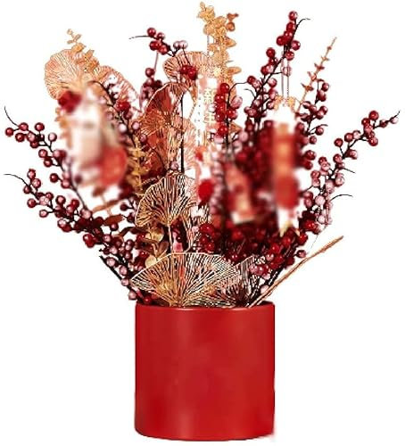 QXGJTLI con Secchio della benedizione Luce Lusso Agrifoglio Frutta Rossa Fiore Finto per centrotavola Decorazioni per Feste domestiche Fiori Finti