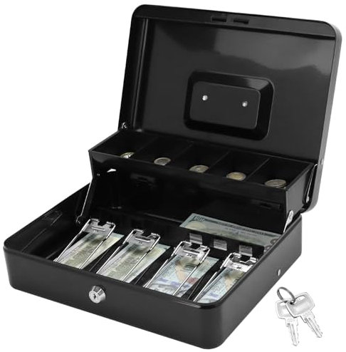 QWORK® Metal Cash Box, Money Box with 2 Keys, Double Layer Money Safe for Cash, 11.8x9.45x3.54 Inch Money Box, for Home, Office, Supermarkets