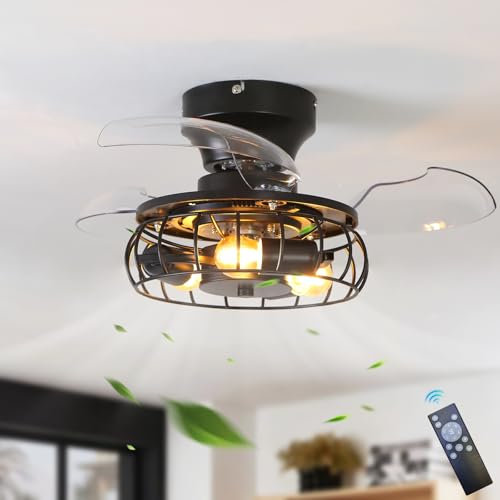 Lampada Ventilatore Soffitto Nero Vintage, Ventilatore Da Soffitto Industriale Da Cascina Con Luce E Telecomando, Silenzioso Reversibile 6 Velocità Lampada Ventilatore, Per Camera Da Letto-A