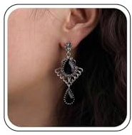 Aneneiceera Vintage Schwarzer Kristall Tränen-Ohrringe - Ovale Onyx Silber Tropfen Punk Edelstein Schmuck Für Frauen