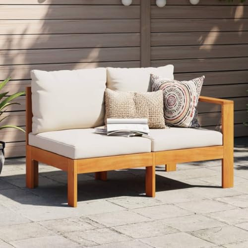 Tidyard Gartensofa 2-Sitzer, Gartensessel mit 1 Armlehne Kissen, Modular Loungesofa für Garten Terrasse, Sofa Garnitur Gartenmöbel, Massivholz Akazie