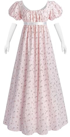NSPSTT Women Regency Dresses Puff Sleeves Empire Waist Victorian Dresses Tea Party Gown Vintage Dress Empire Waist Dress Victorian Abendkleid with Gloves